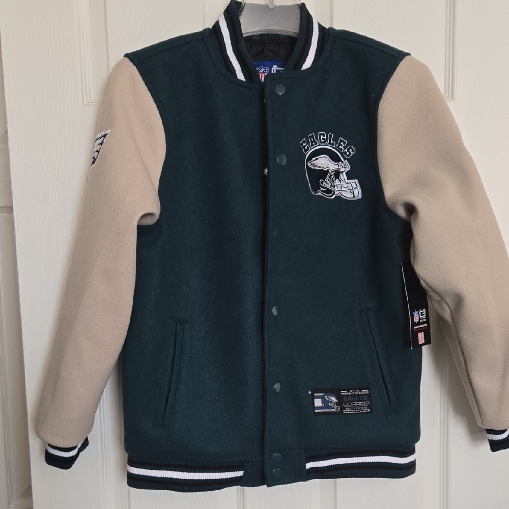 NFL Ultra Game Letterman Eagles Jacket with Green and Tan Boys Size 18-20